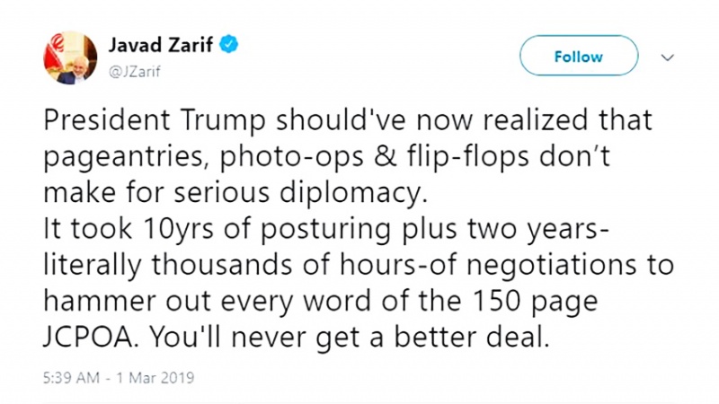 Iranpress: Zarif describes Trump approach to diplomacy as flip-flops