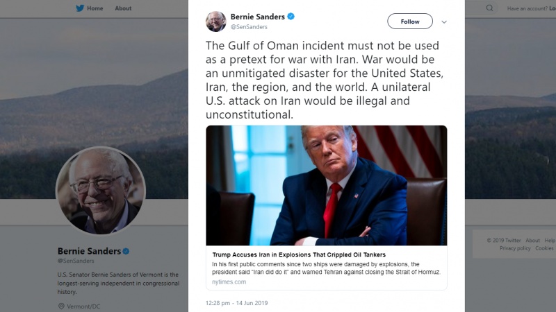 Iranpress: Gulf of Oman incident must not be used as ‘pretext’ for ‘disastrous’ war with Iran: Sanders 