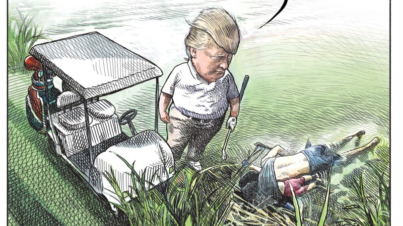 Michael de Adder illustration of Trump playing golf over the bodies of two drowned migrants