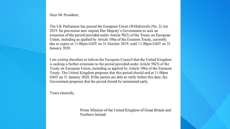 Letter sent by British Prime Minister Boris Johnson to the EU Council as required by the European Union (Withdrawal) (No. 2) Act 2019 unsigned.
