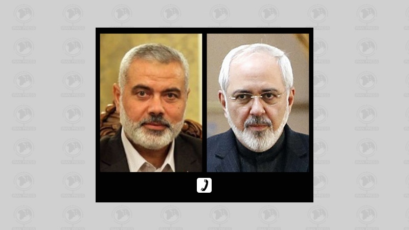 Iranian Foreign Minister Mohammad Javad Zarif (R)  Ismail Haniyeh, head of the Hamas political bureau (L)