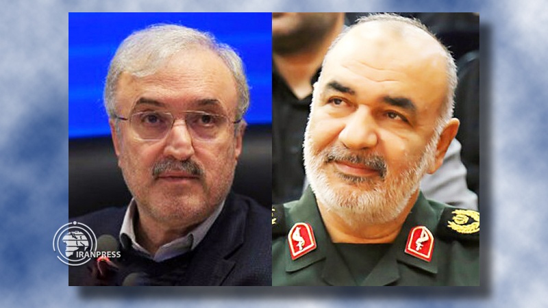 Commander of IRGC Major General Hossein Salami (R) and the Iranian Health Minister Saeed Namaki (L)