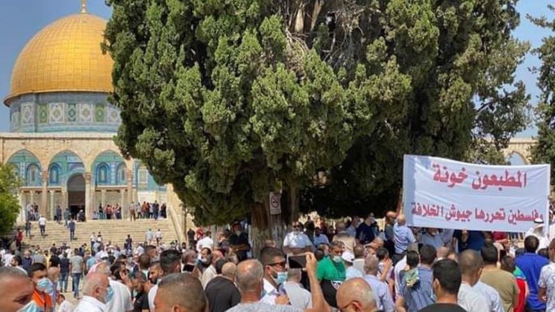 Iranpress: فلسطينيون يتظاهرون في ساحات المسجد الأقصى عقب صلاة الجمعة