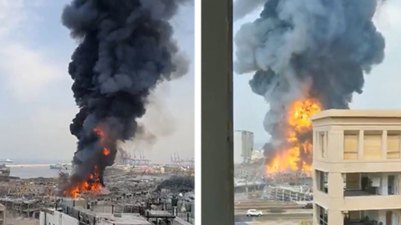 Iranpress: شاهد بالفيديو.. اندلاع حريق هائل في مرفأ ​بيروت