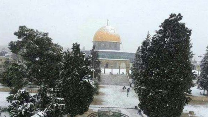 Iranpress: تساقط الثلوج على مسجد قبة الصخرة بالقدس المحتلة